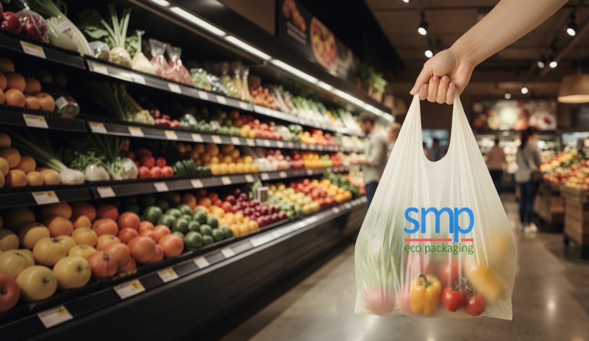 Bolsa compostable SMP con frutas y verduras en el pasillo de un supermercado
